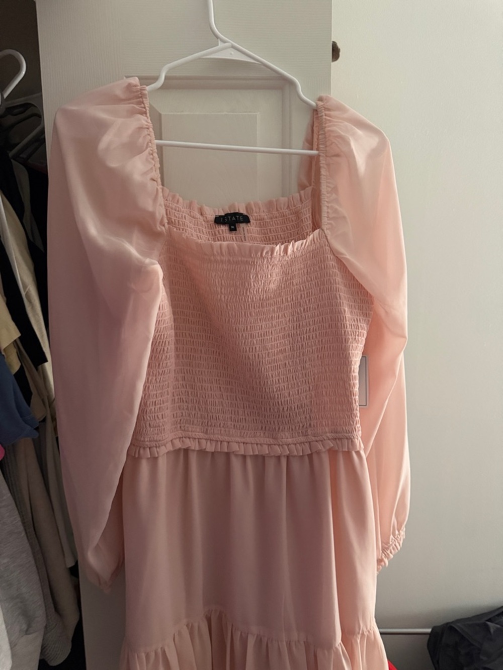 1.STATE Light Blush Pink Smocked Ruffle Dress
